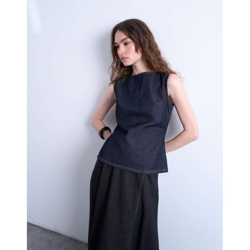 Topshop denim boat neck top in indigo rinse-Blue