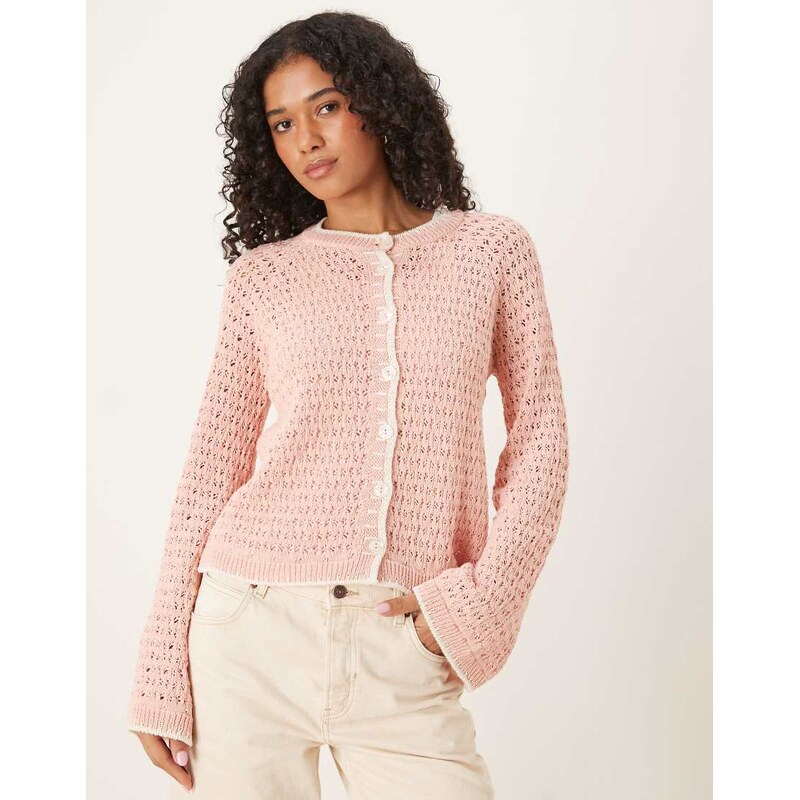 ASOS DESIGN crochet stitch cardigan with blanket stitch in light pink 107501829