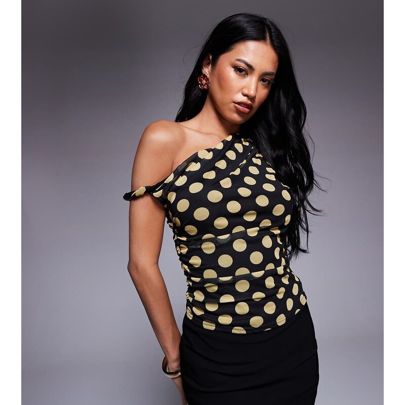 Kaiia exclusive double layered slinky mesh twist off shoulder top in 107501774