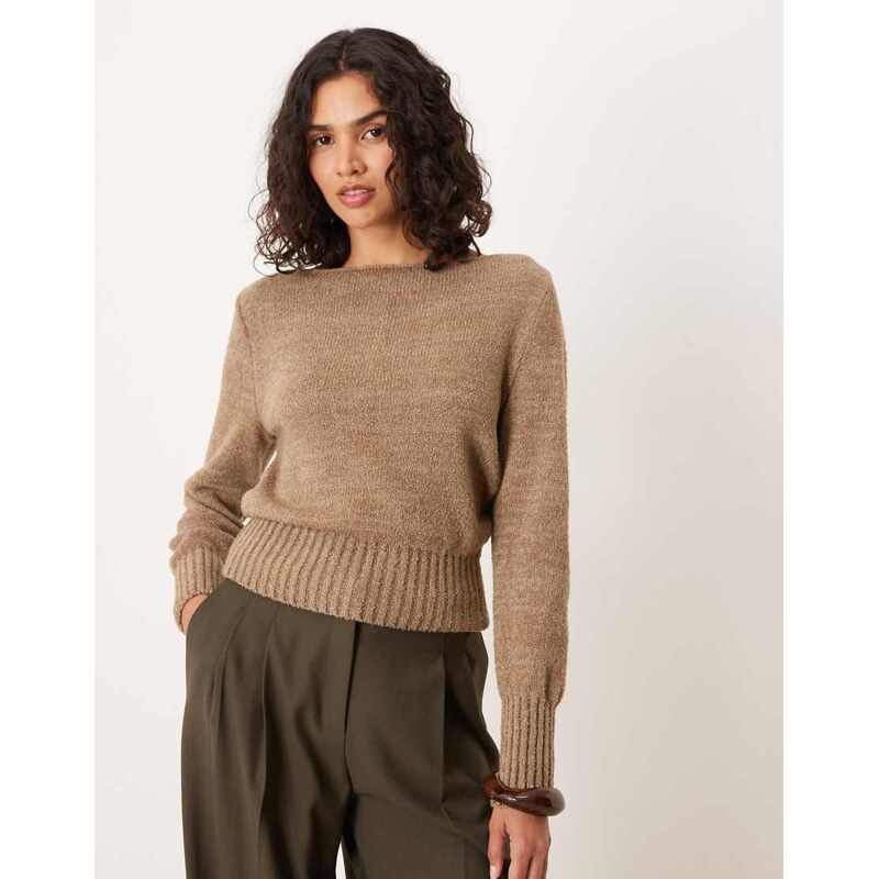 ASOS DESIGN knitted slash neck waisted jumper in mocha-Brown 107501808