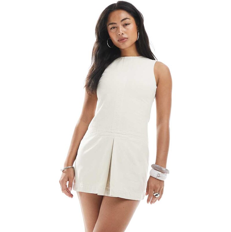 ASOS DESIGN cotton twill box pleat dropwaist mini dress in ecru