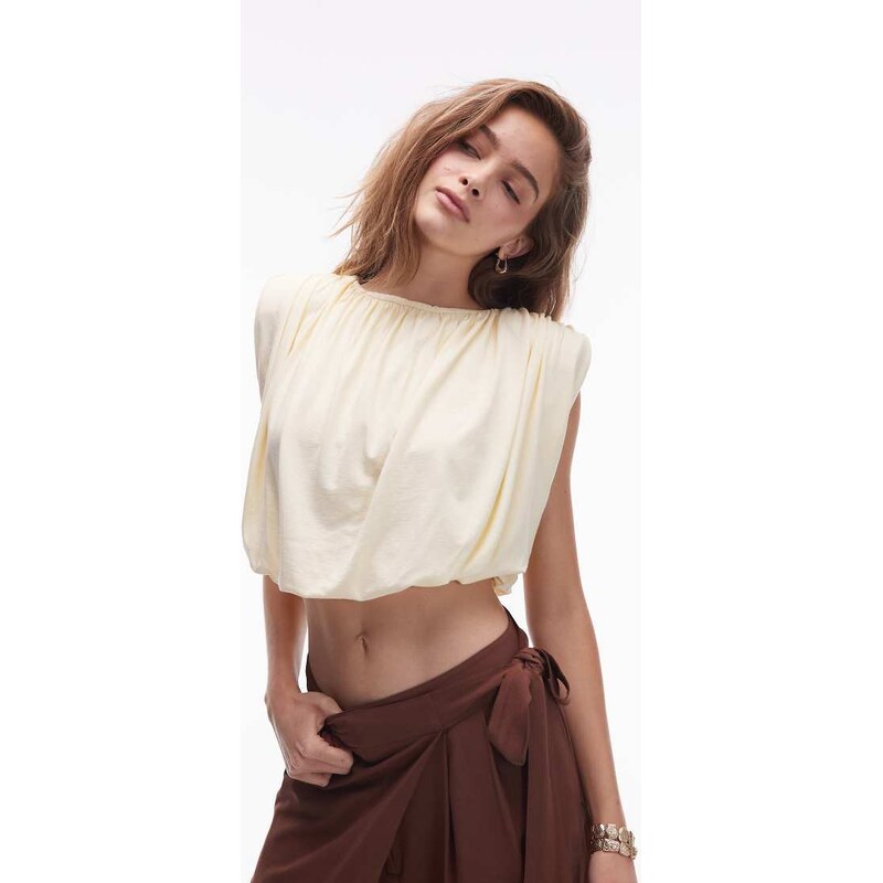 ASOS DESIGN gathered bubble hem shoulder pad top in buttermilk-Yellow 115718862