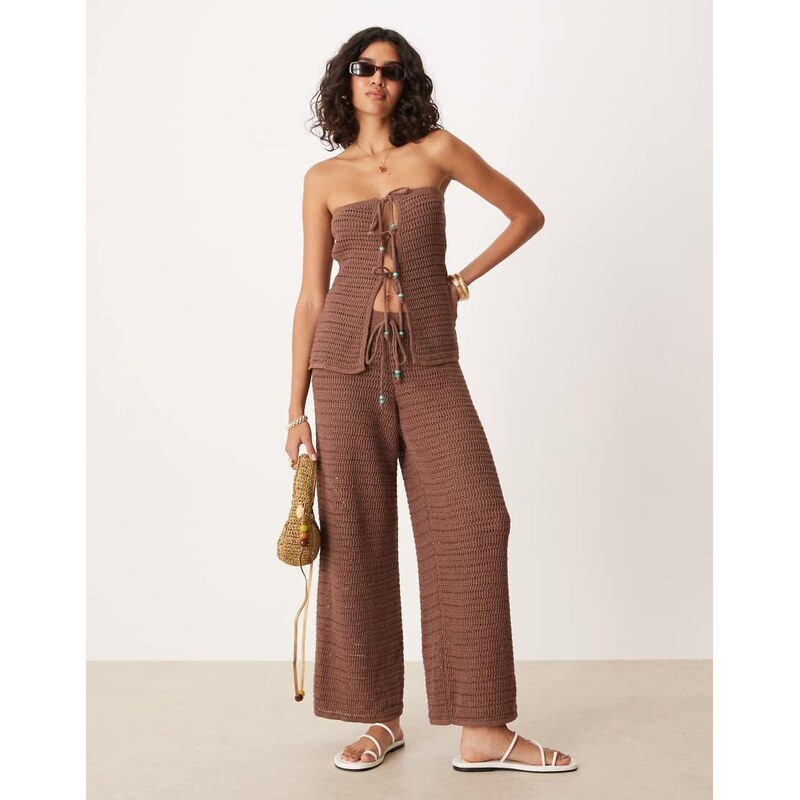 ASOS DESIGN knitted trouser co-ord with turquoise beads in brown 115711512