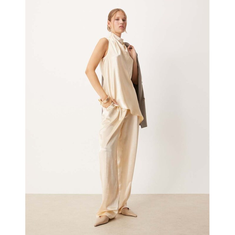 ASOS DESIGN tailored straight leg satin trousers co-ord in ivory-White 111044479