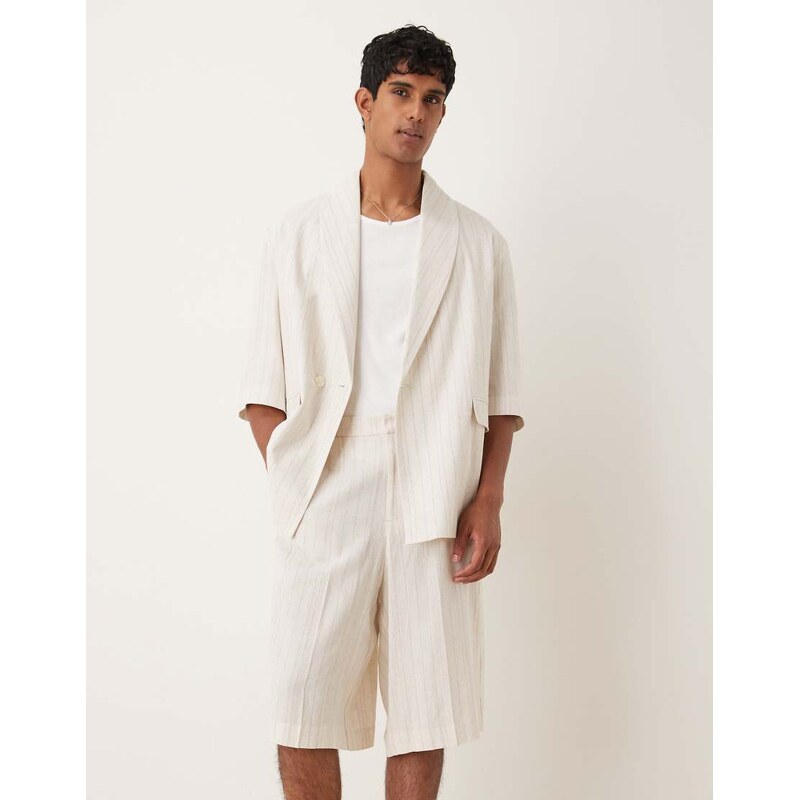 ASOS DESIGN linen mix oversized bermuda suit shorts in stone pinstripe-Neutral