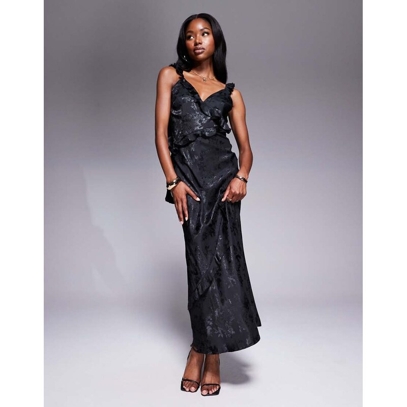 Rare London satin jacquard ruffle trim drape detail maxi dress in 107514423