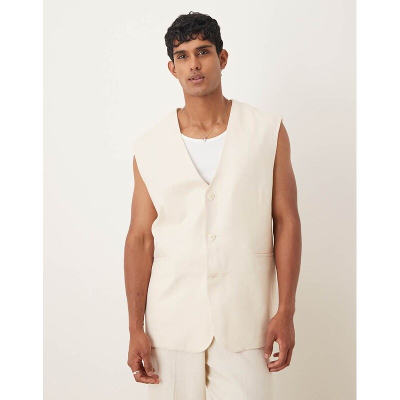 ASOS DESIGN longline suit waistcoat with linen in white