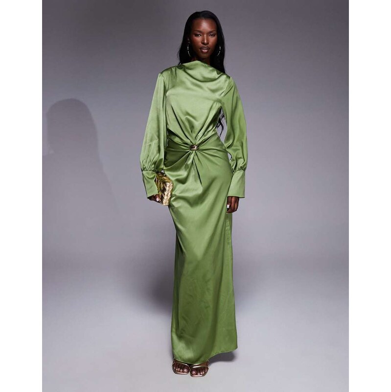 ASOS DESIGN twist front bias satin maxi dress with gold hardware