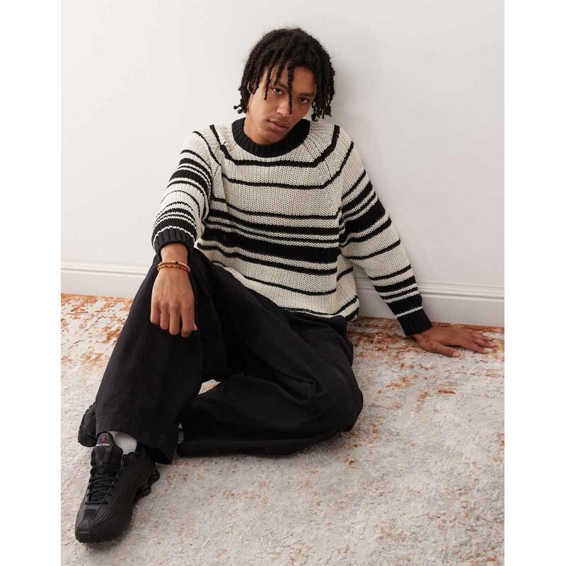 Weekday oversized open knit jumper in beige stripe-Neutral