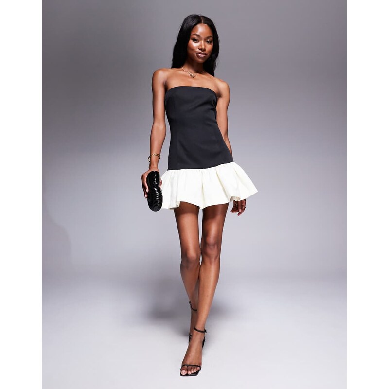 Rare London satin bandeau contrast ruffle bottom mini dress in
