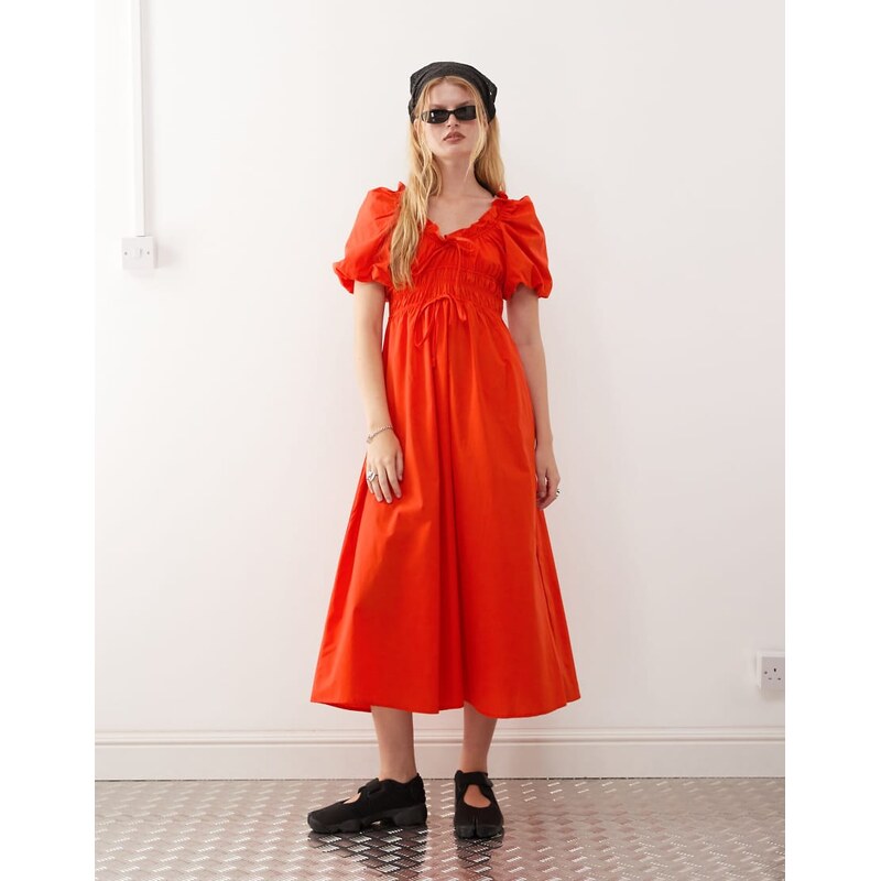Reclaimed Vintage midi dress with puffball sleeves and shirred waist 107514494