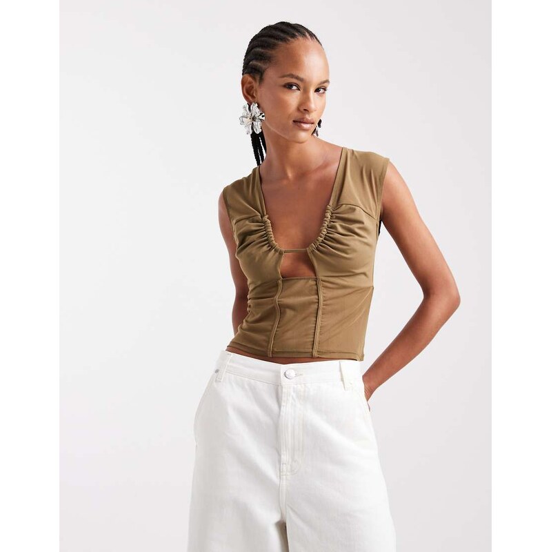 ASOS DESIGN sheer mesh panel detail plunge top in khaki green