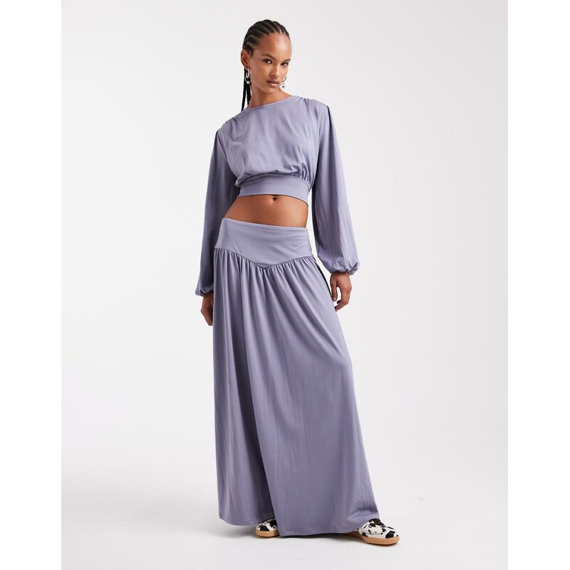 ASOS DESIGN co-ord slinky drop waist full skirt in grey