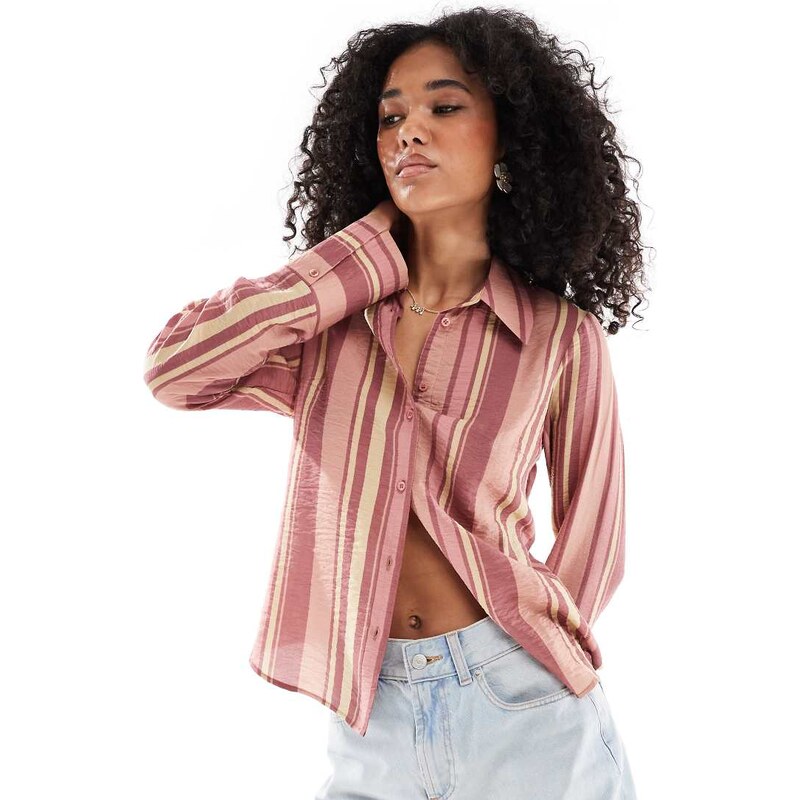 ASOS DESIGN cinched long sleeve shirt in pink stripe