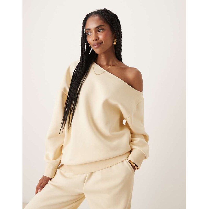 ASOS DESIGN off shoulder brushback sweatshirt in buttermilk-Yellow 107551214