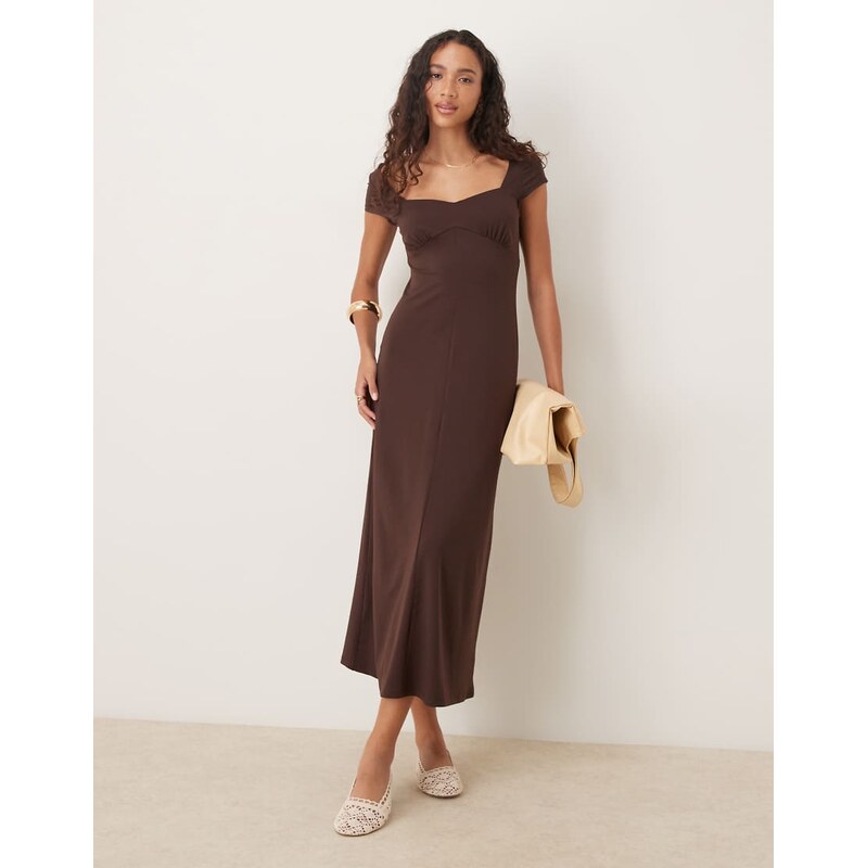 ASOS DESIGN cap sleeve midi tea dress in chocolate-Brown