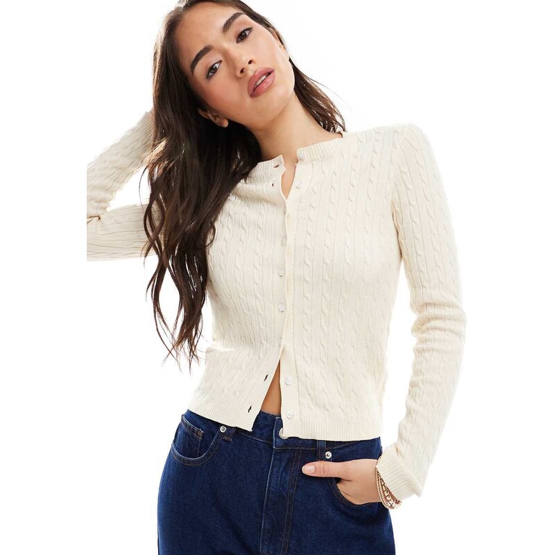 Daisy Street cable knit fitted waist cardigan in cream-White