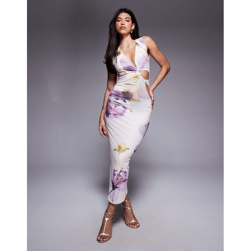 ASOS DESIGN ruched cut out plunge maxi dress in floral print