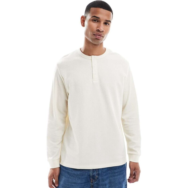 Jack & Jones long sleeve waffle henley in cream-White