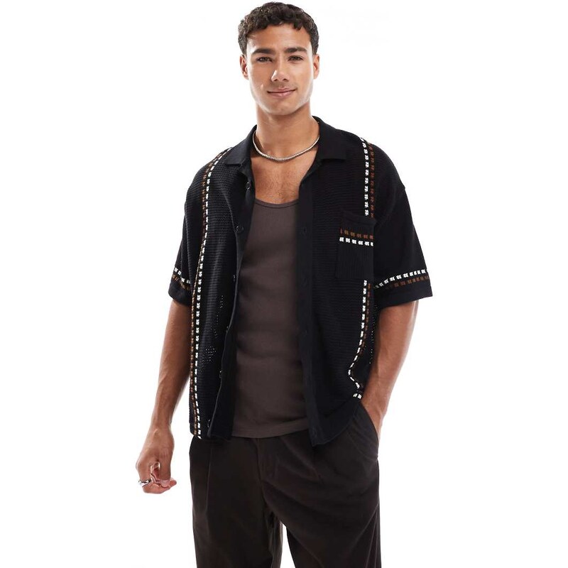 Redefined Rebel boxy knitted shirt with contrast detail in black