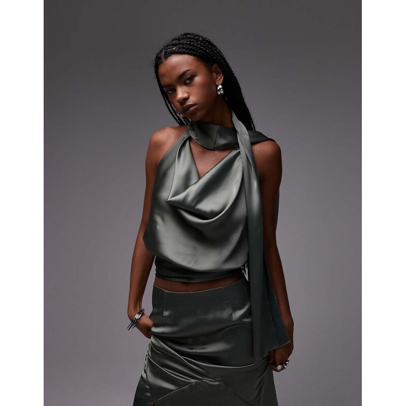 ASOS DESIGN satin drape scarf top in khaki co ord-Green