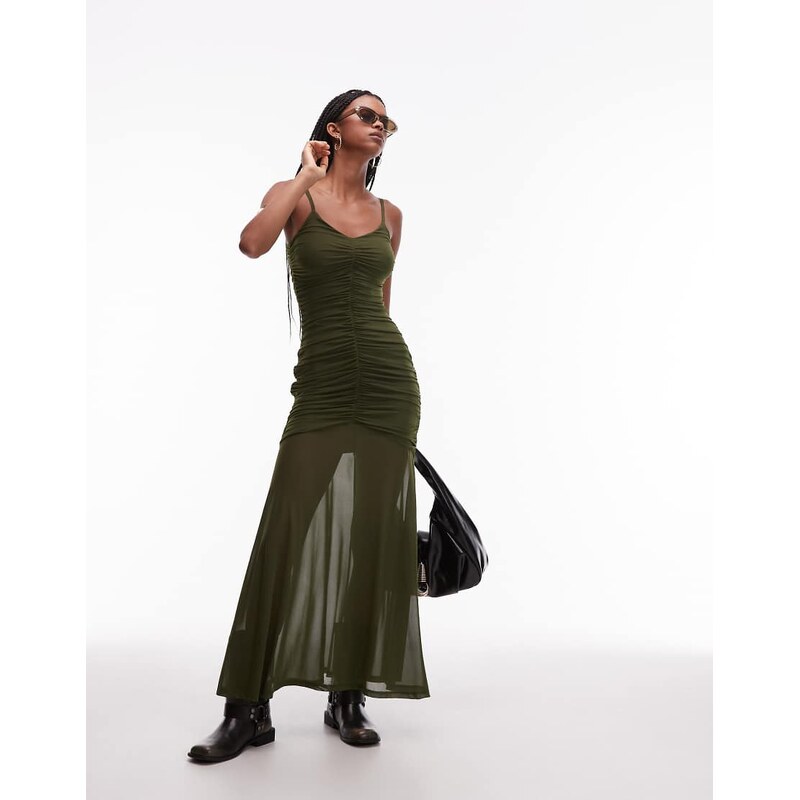 ASOS DESIGN mesh ruched strappy maxi dress in khaki-Green