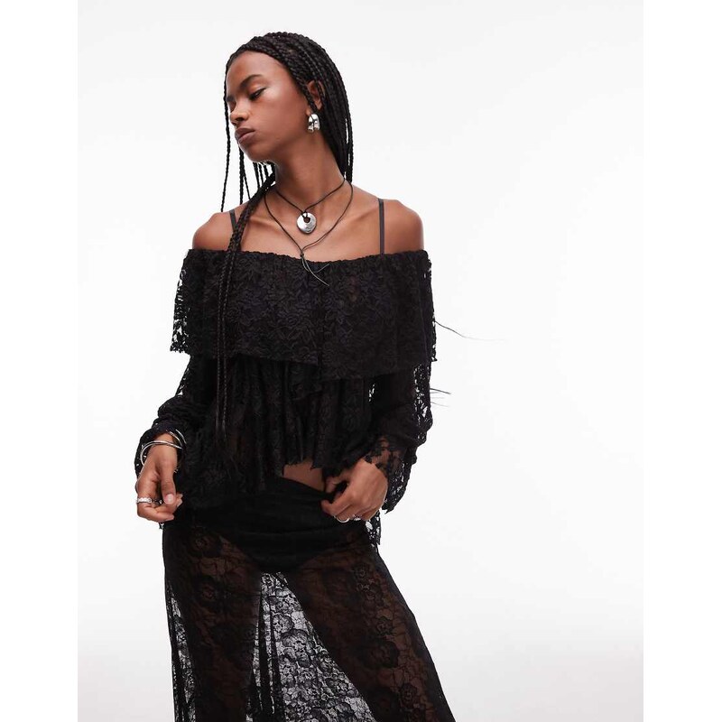 ASOS DESIGN lace frill detail volume blouse in black 107517110