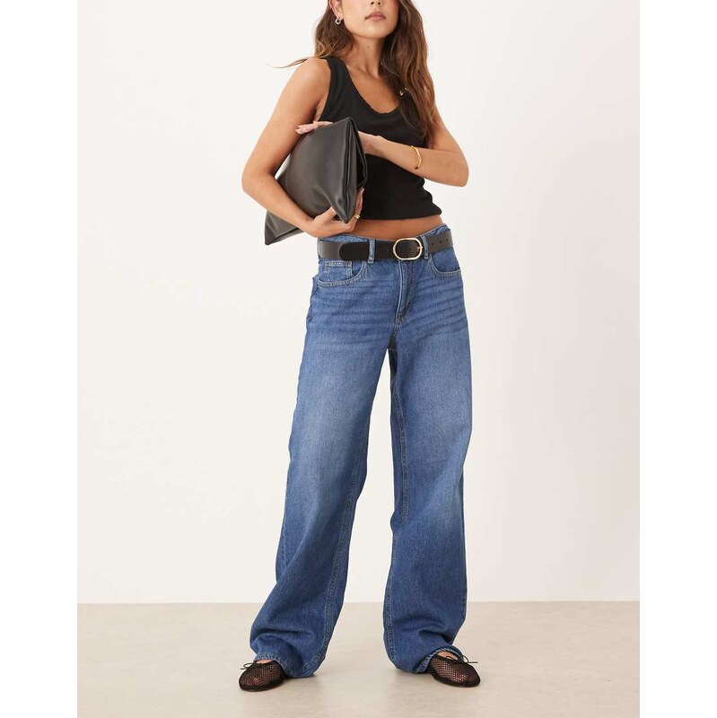 Vila Palma mid waist wide leg jeans in mid blue