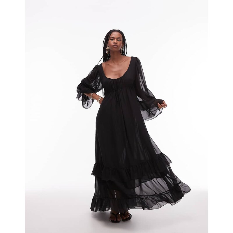 ASOS DESIGN chiffon soft volume tie front maxi dress in black 107517170