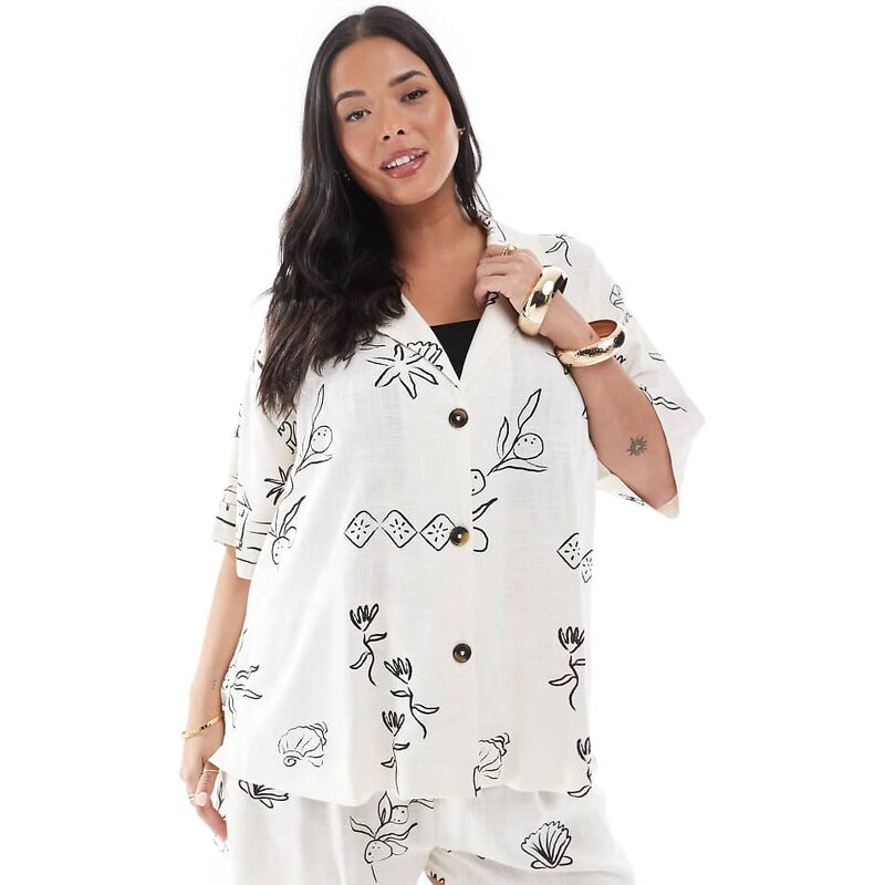 ASOS Curve ASOS DESIGN Curve linen blend short sleeve co-ord shirt in 115443656