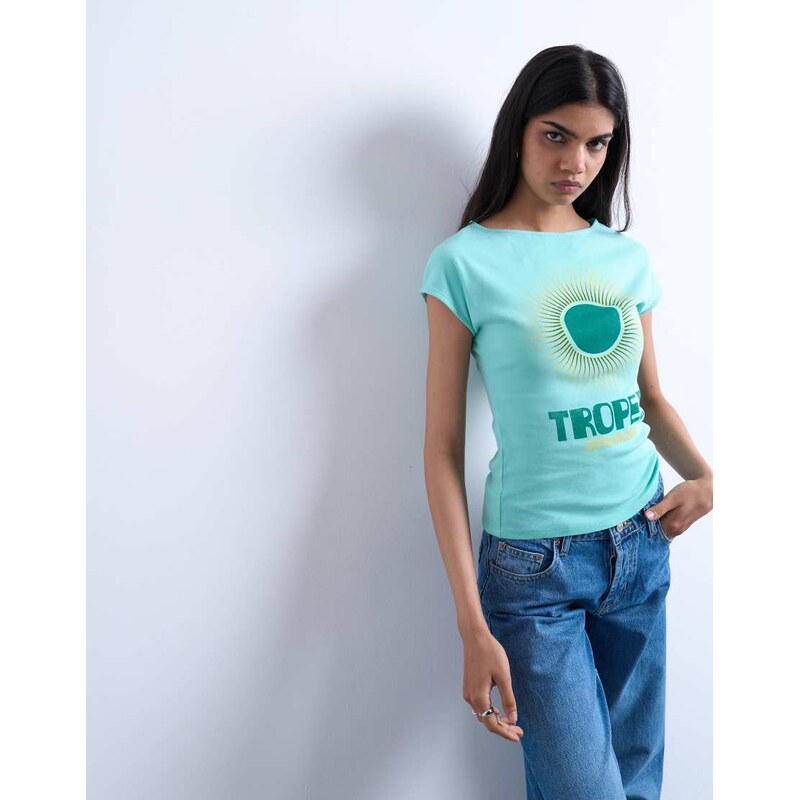 Topshop graphic Tropez cap sleeve slash neck baby tee in teal-Blue 107519294