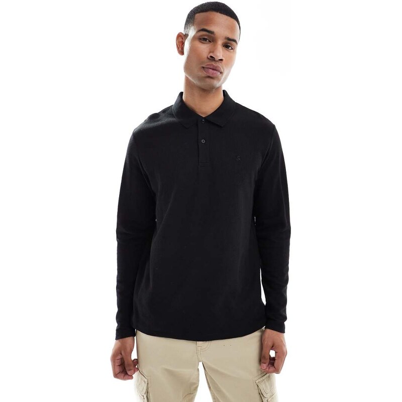 Jack & Jones textured polo with long sleeves in black