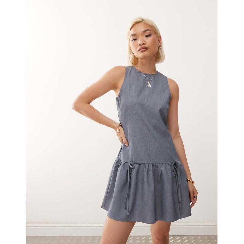 Noisy May sleeveless drop hem mini dress with bow details in grey 107514487