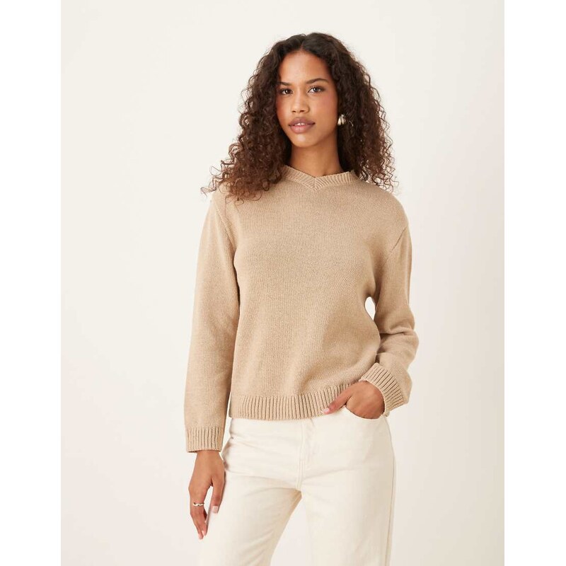 ASOS DESIGN knitted high v-neck jumper in honey beige-Neutral 107530835