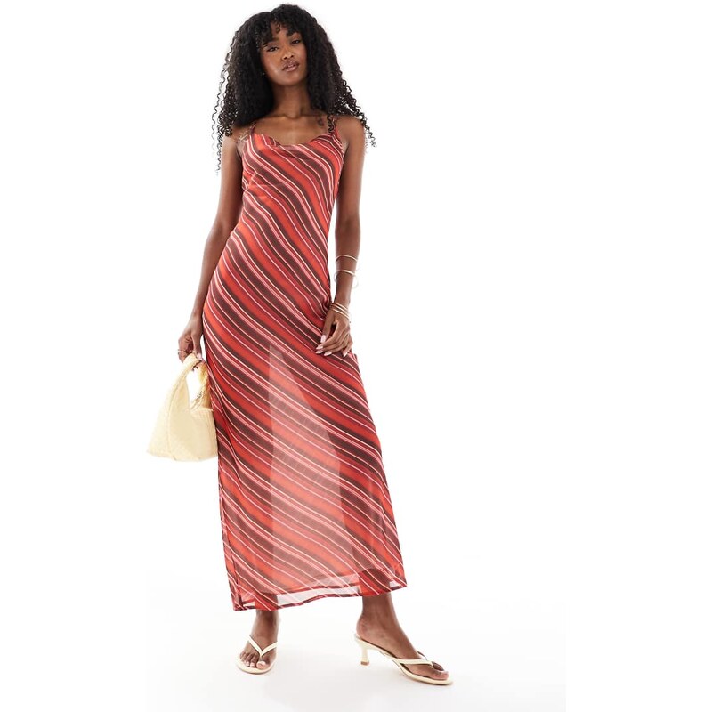 ASOS DESIGN chiffon cowl neck maxi slip dress in maroon stripe