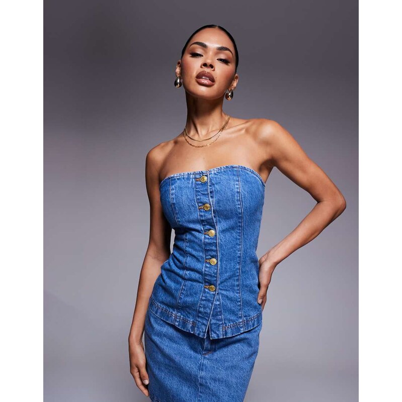 ASOS DESIGN longline denim bandeau waistcoat co-ord in blue