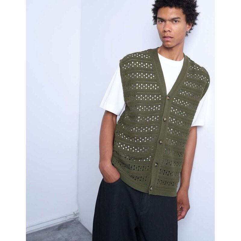 Topman relaxed fit button through knitted tank in khaki-Green