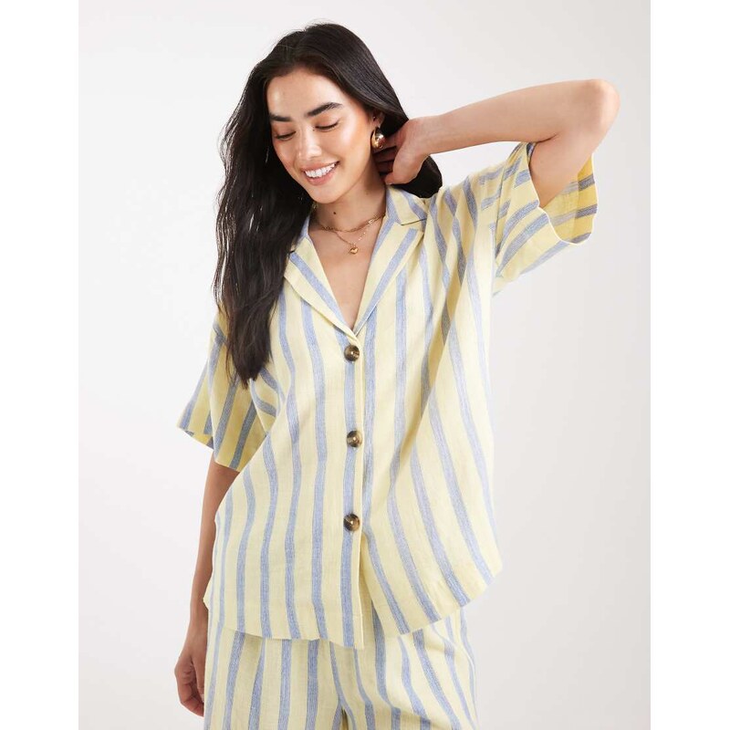 ASOS DESIGN linen blend short sleeve co-ord shirt in stripe-Multi