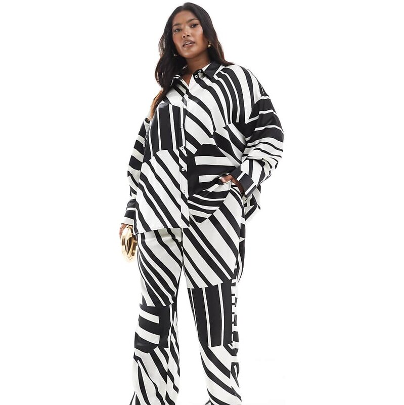 4th & Reckless Plus satin wide leg trousers co-ord in black and white 107530719