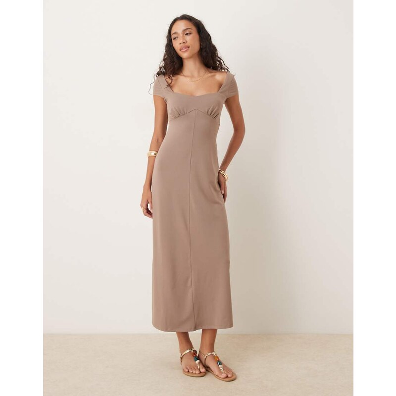 ASOS DESIGN cap sleeve midi tea dress in mocha-Brown