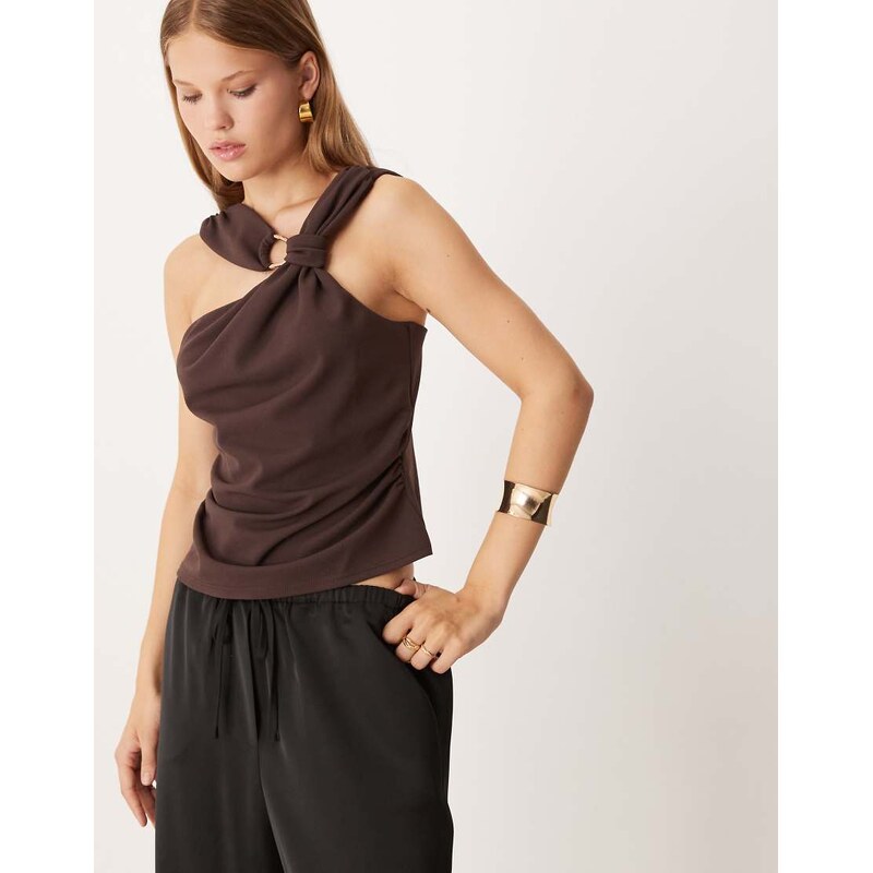 ASOS DESIGN knot detail halter top with trim detail in chocolate