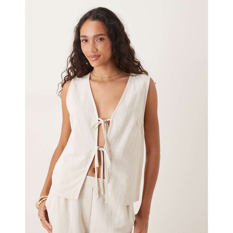 ASOS DESIGN tie front waistcoat with linen co-ord in natural