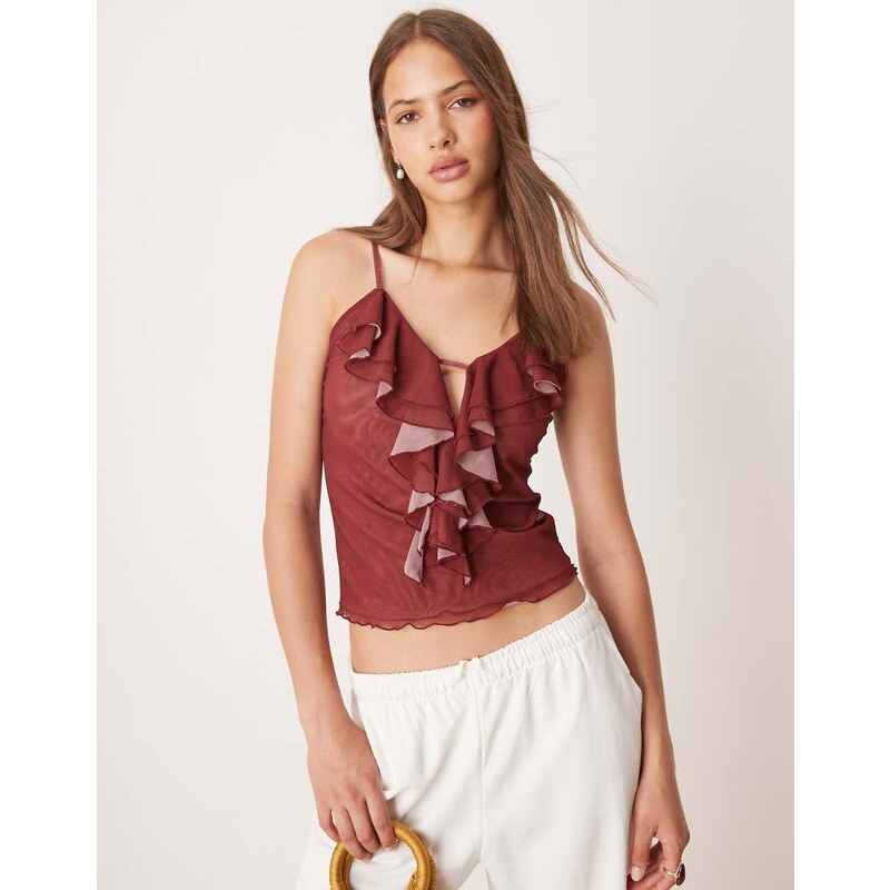 ASOS DESIGN mesh ruffle cami top in burgundy-Red