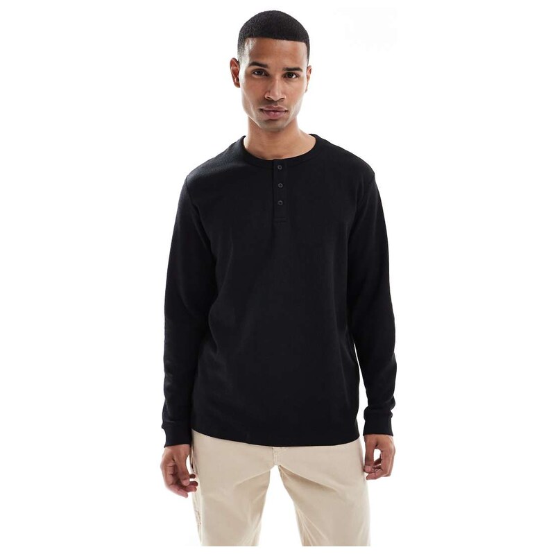 Jack & Jones long sleeved waffle henley in black