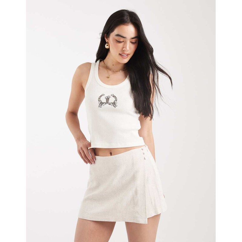 ASOS DESIGN linen look wrap skort in natural-Neutral