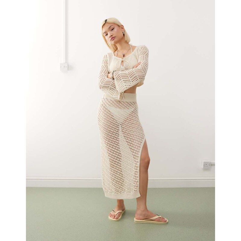 Noisy May crochet tie detail maxi skirt co-ord in beige-Neutral 107957935