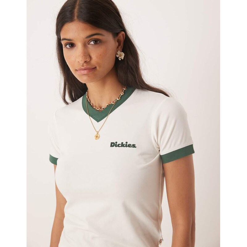 Dickies slayden ringer long line baby tee in off white with dark green 107530820