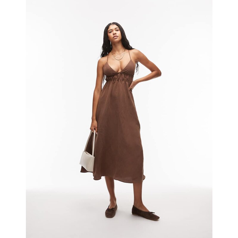 ASOS DESIGN strappy ruched halter cami dress in chocolate-Brown