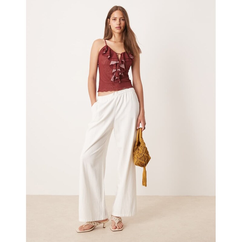 ASOS DESIGN mesh ruffle cami top in burgundy-Red