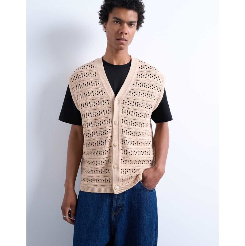 Topman relaxed fit button through knitted tank in stone-Neutral